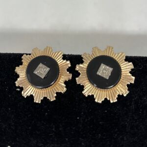 gold plated, onyx and tiny diamond screw back earrings